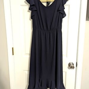 Butterfly Sleeve Ruffle Hi Low Navy Dress